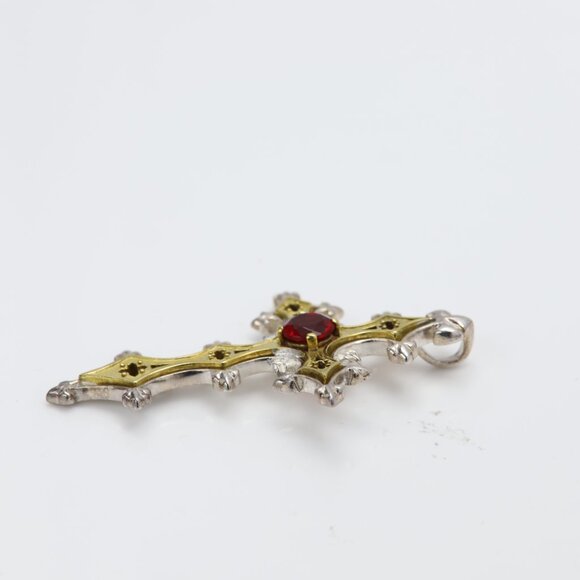 Vintage Gothic Cross Sterling Silver & Brass Artistic Red Cross Red Stone - Picture 8 of 12
